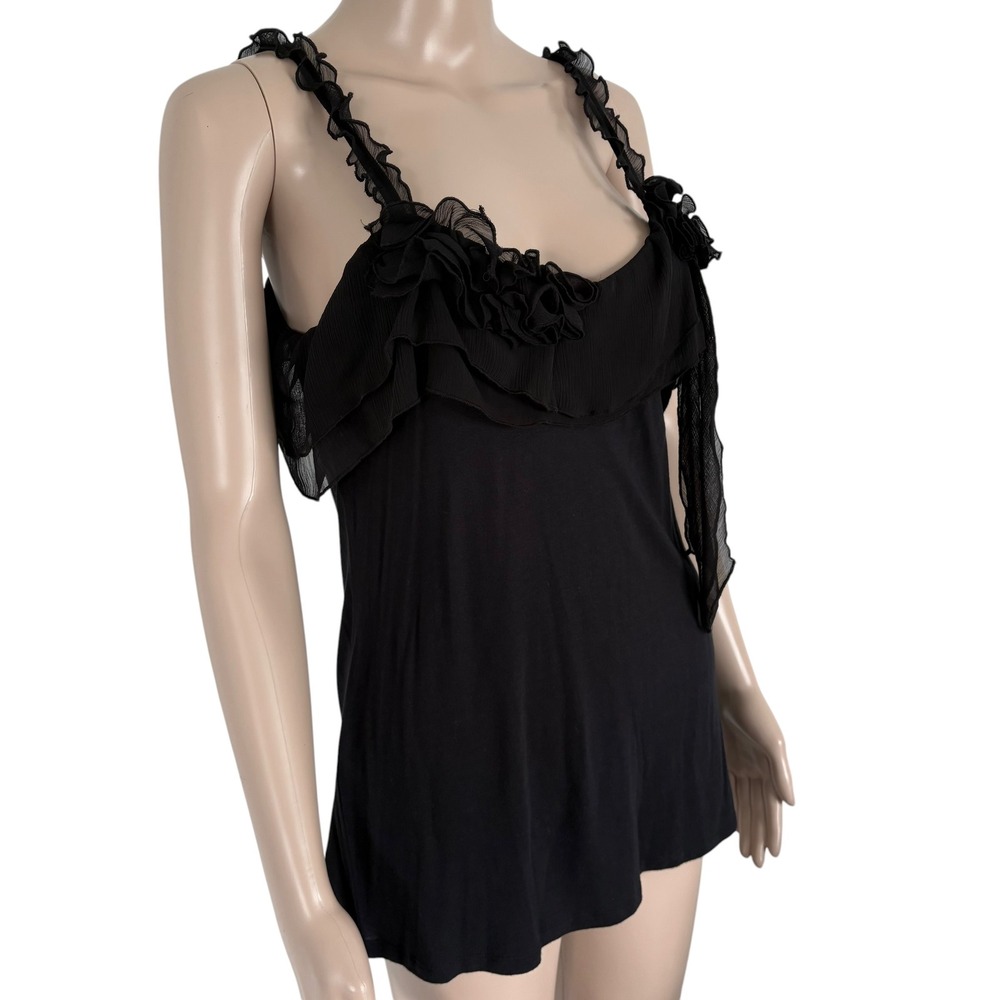 Express Y2K Black Ruffle Rosette Chiffon Cami Tank Top Sz M Fairy Grunge Indie